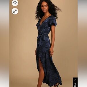 Lulu’s Compelling Love Navy Blue Jacquard Short Sleeve Maxi Dress